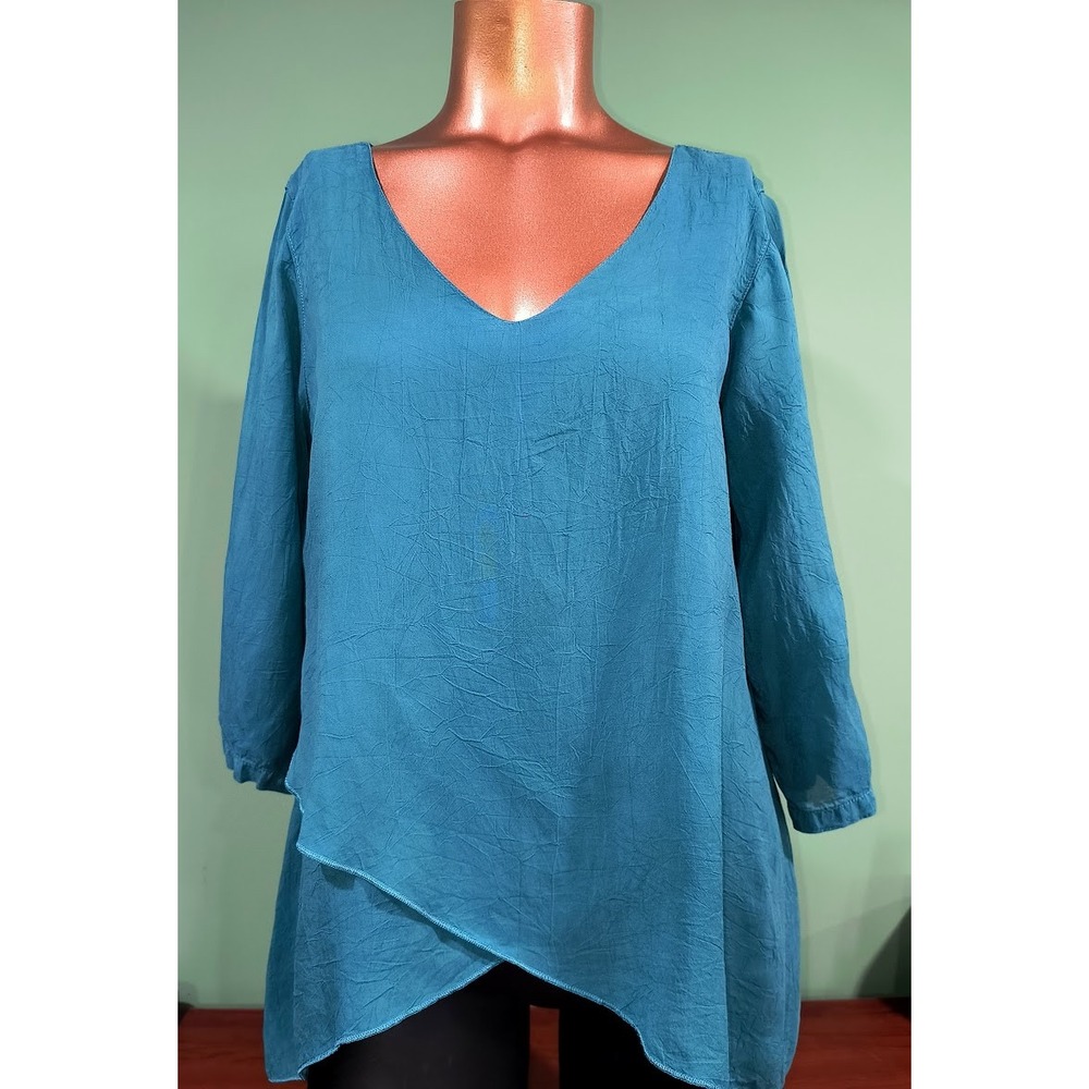 Click by Color Me Cotton Teal Cupro Rayon Crinkle Tunic Top V-Neck Small USA